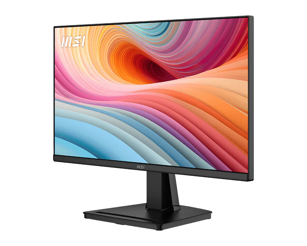 Egy fekete MSI monitor színes, absztrakt, hullámos hátteret jelenít meg a képernyőjén.