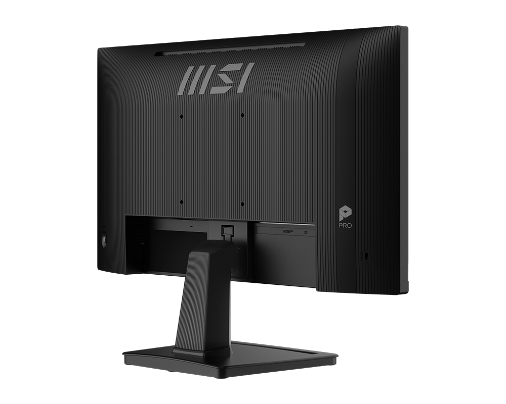 Egy fekete MSI monitor hátulja bordázott kialakítással és portokkal.