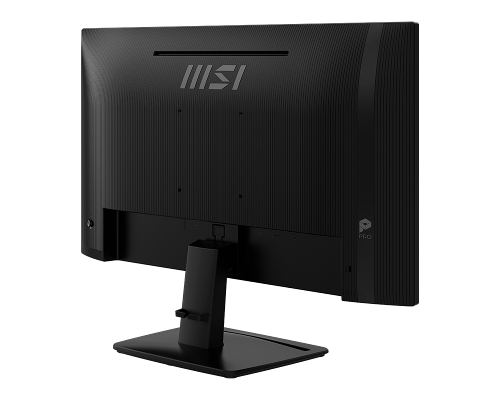 Fekete monitor hátulnézete MSI logóval és állvánnyal.