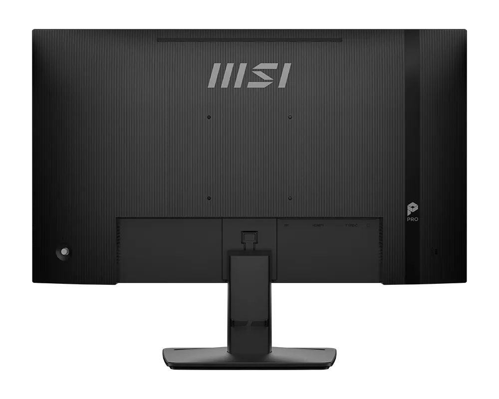 Egy fekete MSI monitor hátoldala függőleges hornyokkal és portokkal.