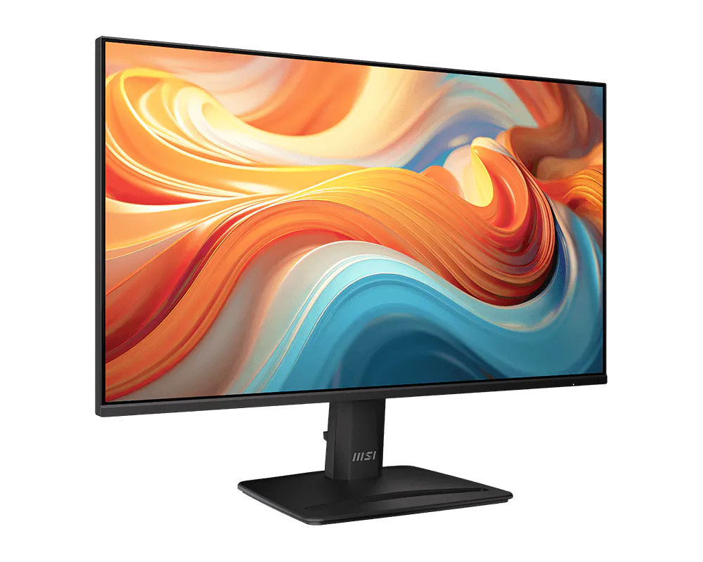 Egy fekete számítógép monitor absztrakt, színes háttérképpel.