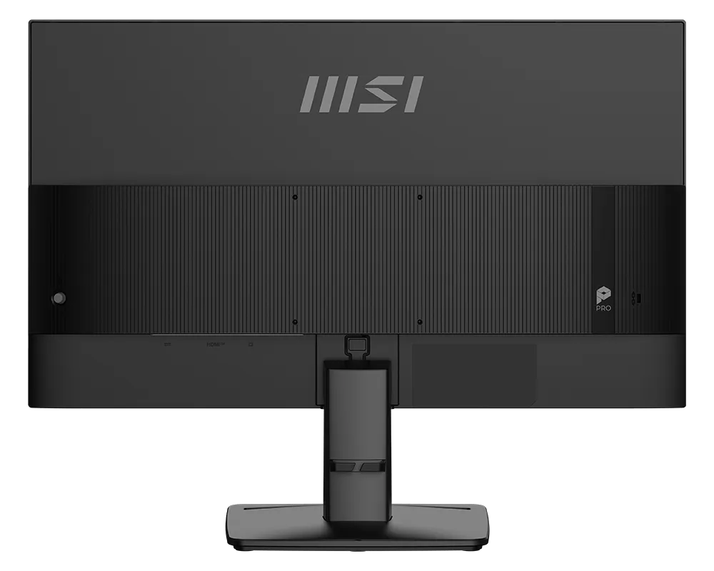 Egy fekete MSI monitor hátulja bordázott textúrával és portokkal.