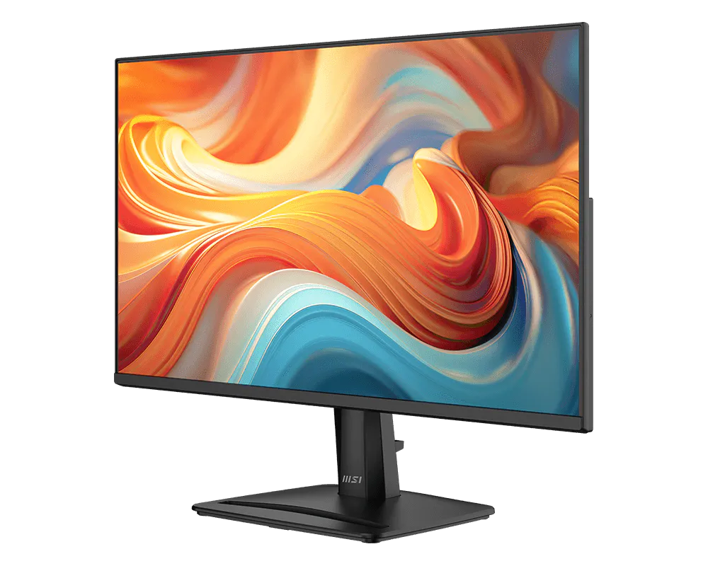 Egy fekete MSI monitor színes, absztrakt háttérképet jelenít meg.