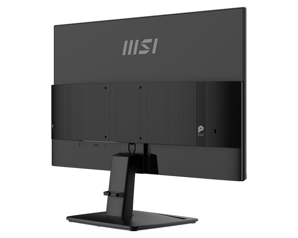 Egy fekete MSI monitor hátulnézete bordázott résszel és portokkal.