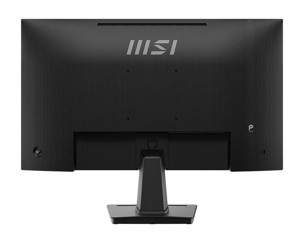 Egy fekete MSI monitor hátulnézete, állvánnyal és portokkal.