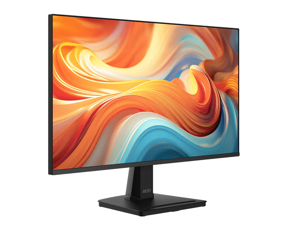 Egy fekete MSI monitor élénk, absztrakt háttérképet jelenít meg, örvénylő narancs, kék és fehér színekkel.