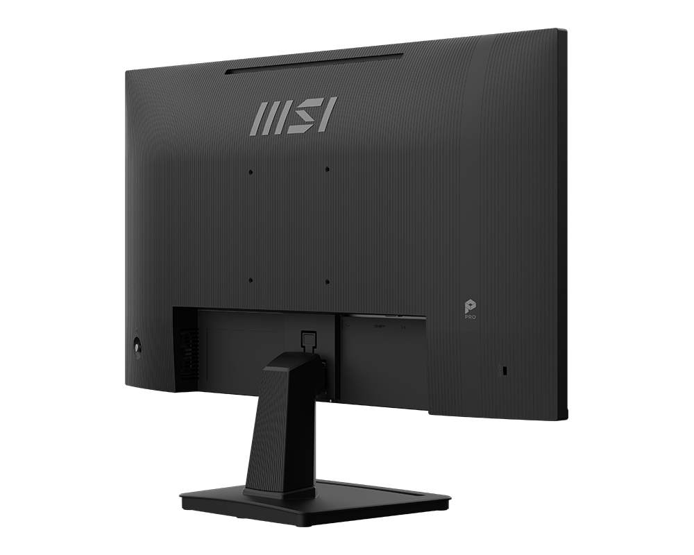 Fekete MSI monitor hátulja, csatlakozókkal és logóval.