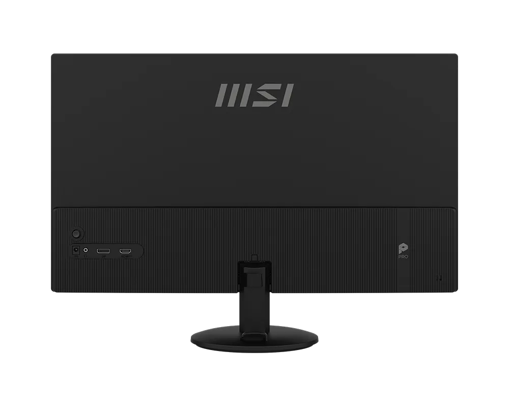 Fekete MSI monitor hátulja portokkal és PRO logóval.