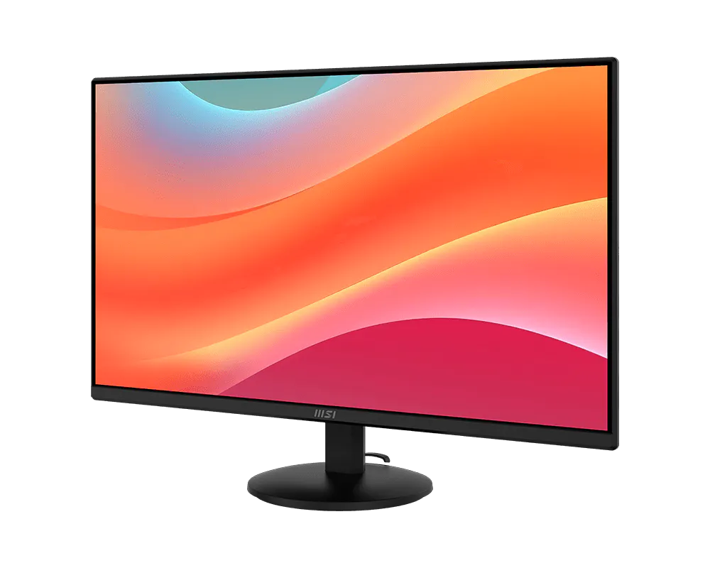 Egy fekete MSI monitor élénk, absztrakt háttérképet mutat, narancs, rózsaszín és kék hullámzó hullámaival.