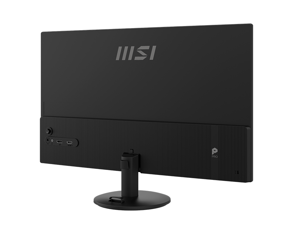 Egy fekete MSI monitor hátoldala, csatlakozókkal és logóval.
