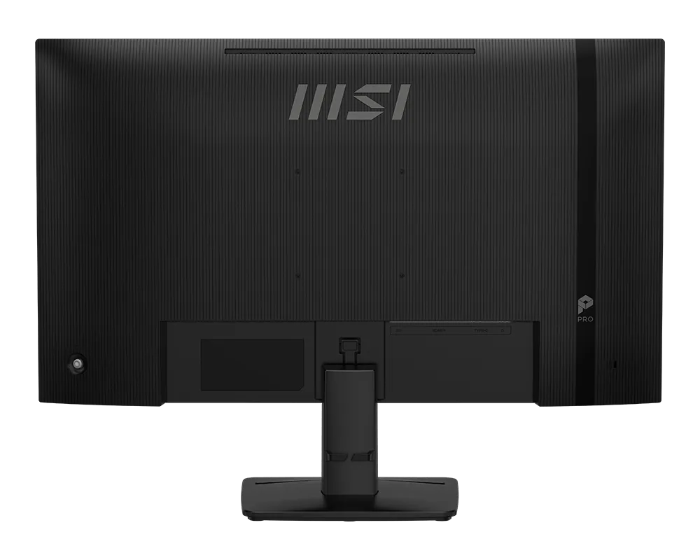 Egy fekete MSI monitor hátulnézete, logóval és portokkal. Állvány csatlakoztatva.