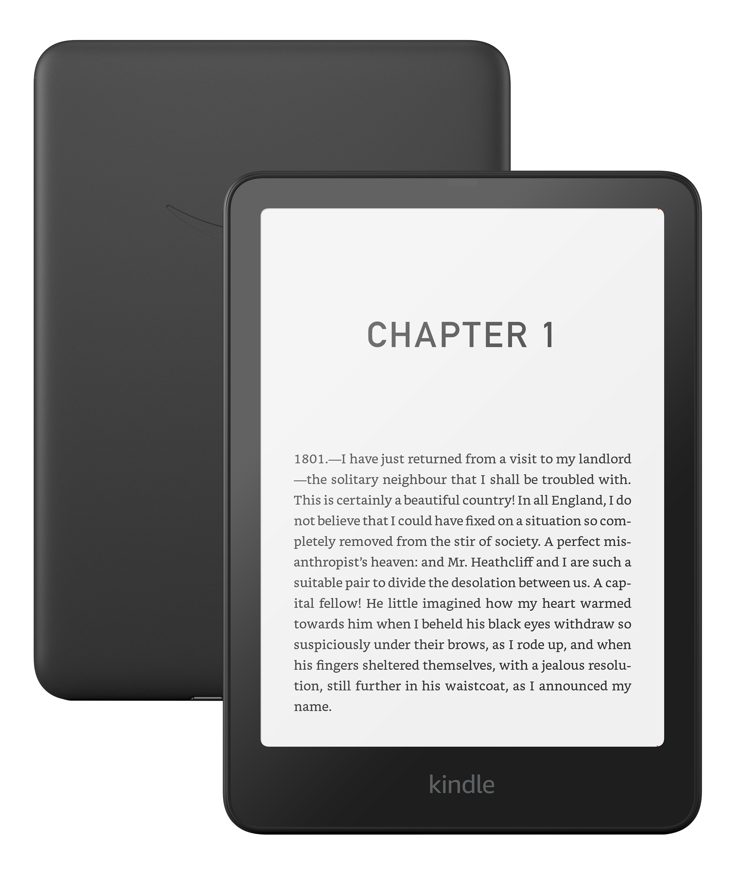 Un dispositivo e-reader Kindle nero con schermo acceso, che mostra il Capitolo 1.