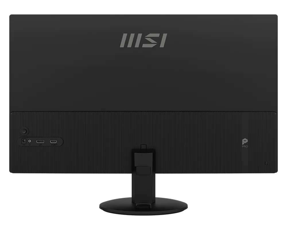 Egy fekete MSI monitor hátulja portokkal és logóval.