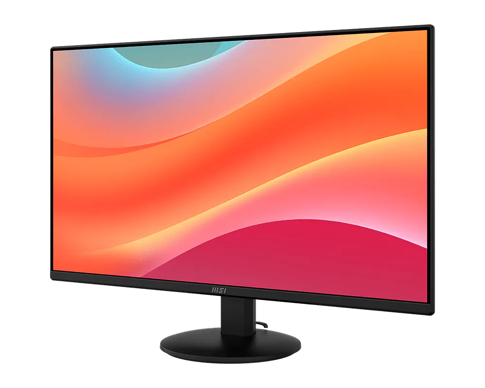 Egy fekete MSI monitor élénk absztrakt háttérképet jelenít meg, narancssárga, rózsaszín és kék hullámzó hullámokkal.