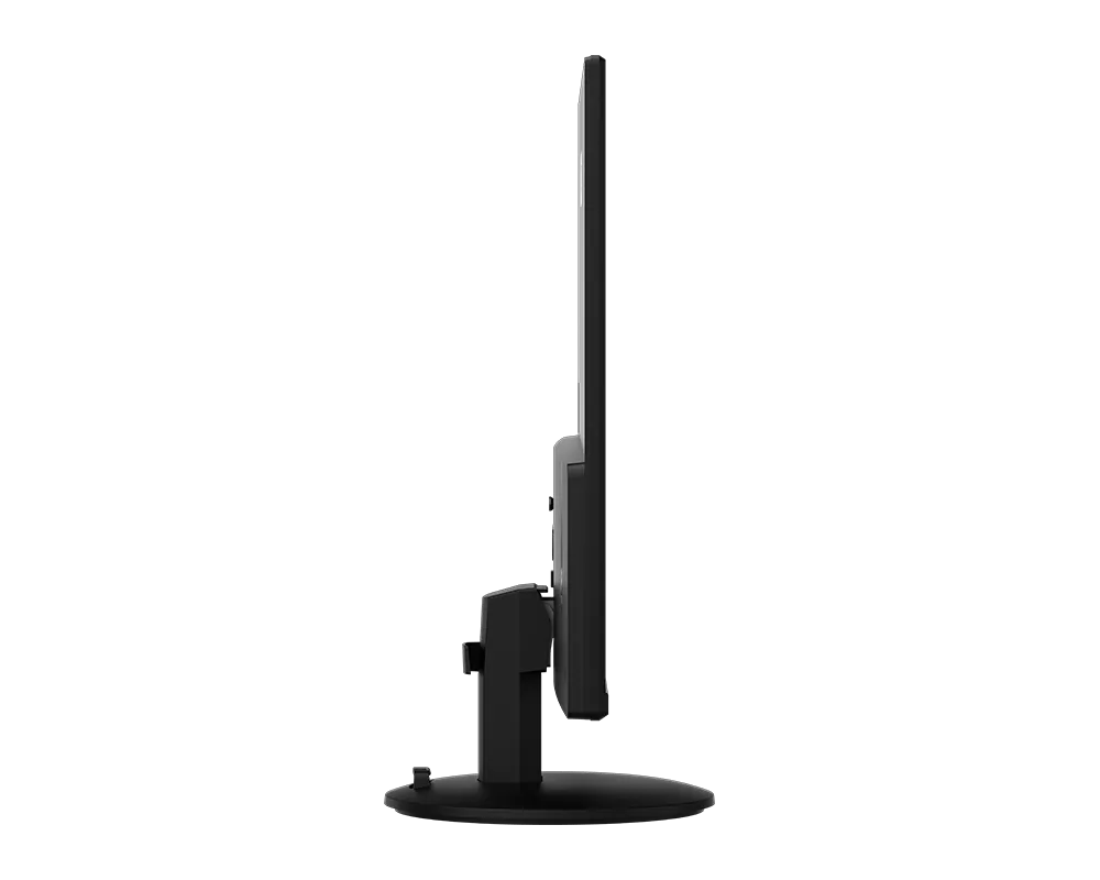Fekete számítógép monitor oldali nézete fekete háttéren.