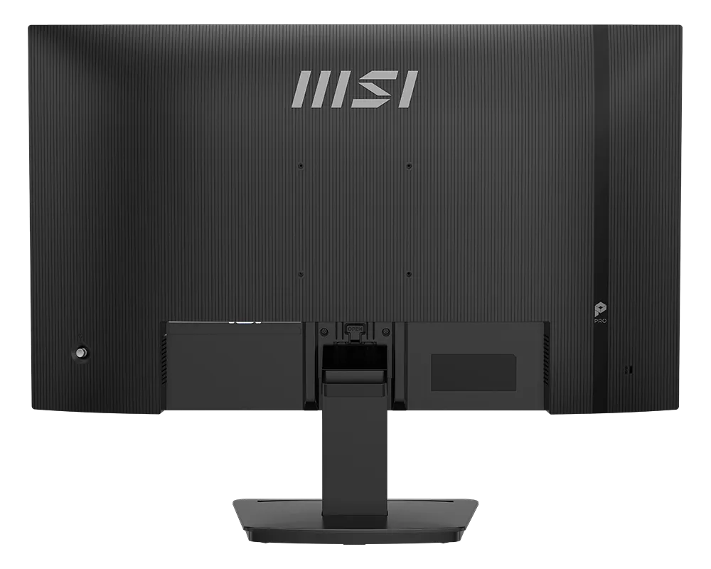 Egy fekete MSI monitor hátulja állvánnyal és portokkal.