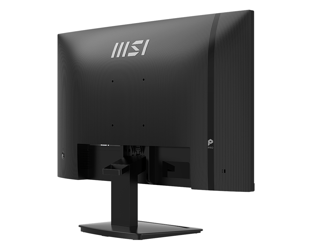 Fekete MSI monitor hátulnézete bordázott mintával és állvánnyal.