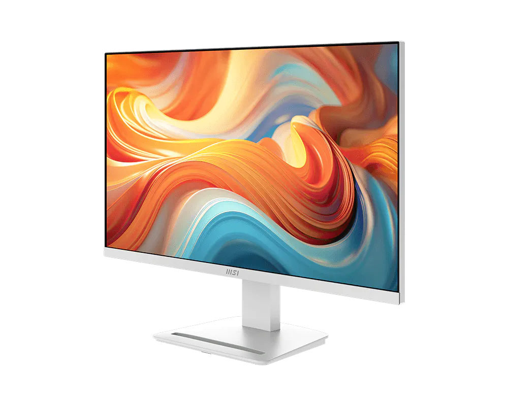 Egy modern fehér monitor absztrakt, színes háttérképpel.