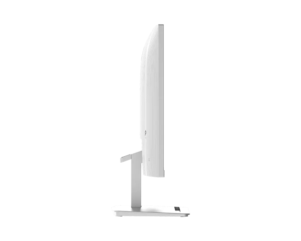 Egy elegáns, fehér monitor oldalnézete egy egyszerű állványon.