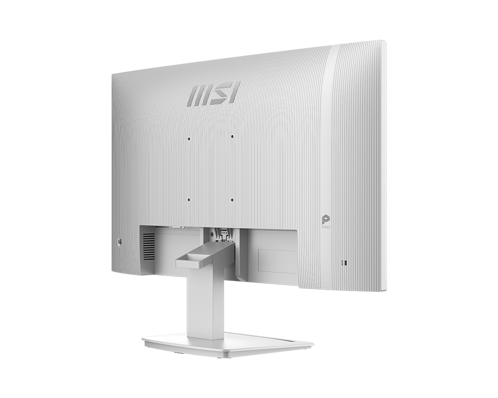 Fehér monitor hátlap bordázott kialakítással és MSI logóval.