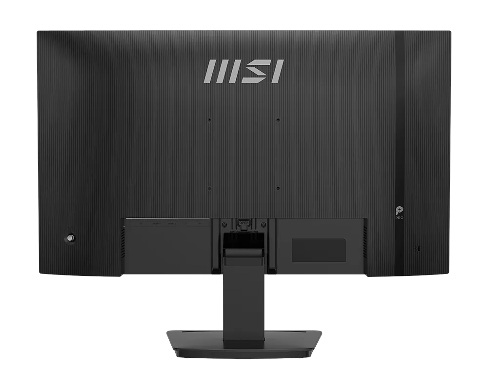 Egy fekete MSI monitor hátulja bordázott textúrával és portokkal.