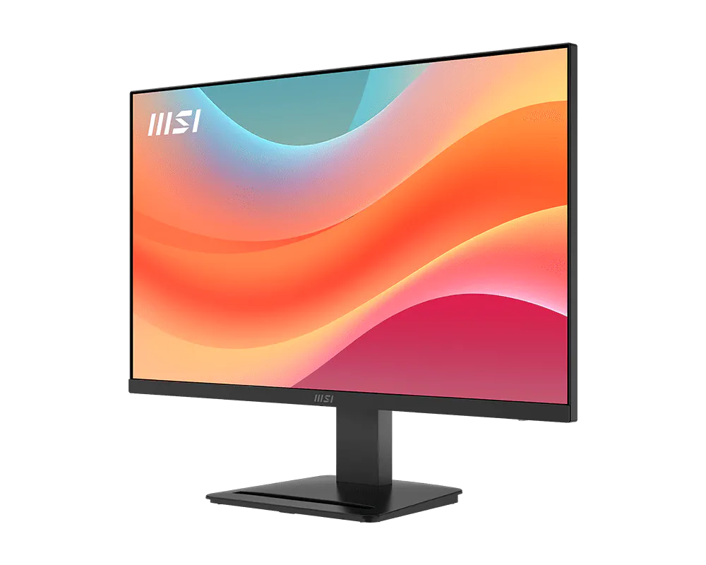 Egy fekete MSI monitor színes, absztrakt háttérrel a képernyőn.