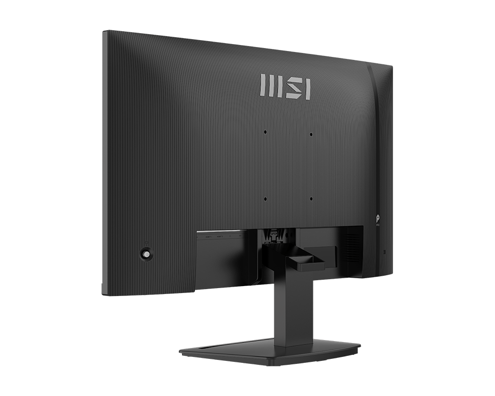 Egy fekete MSI monitor hátulnézete texturált háttal és állvánnyal. Portok láthatók.