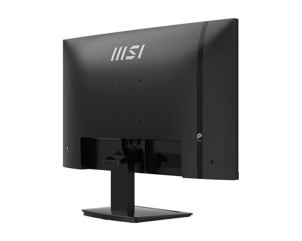 Fekete MSI monitor hátulnézete, texturált háttal és állvánnyal.