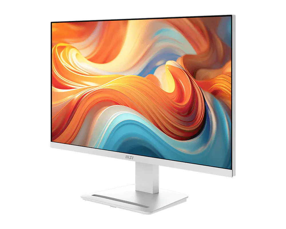 Fehér MSI monitor absztrakt, színes, narancssárga és kék örvényekkel.