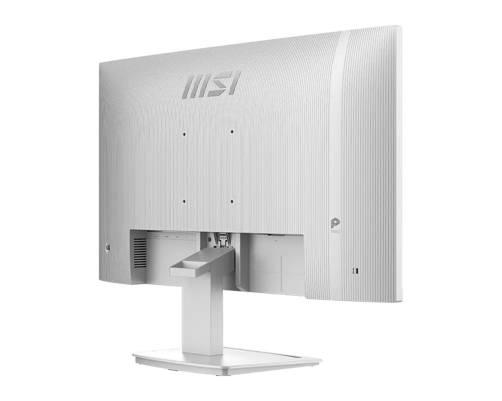 Fehér MSI monitor, hátulnézet, texturált függőleges csíkokkal és állvánnyal.