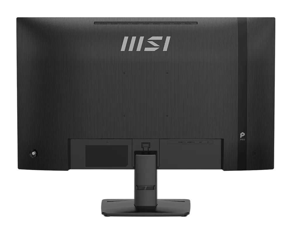 Egy fekete MSI monitor hátoldala bordázott textúrával és portokkal.