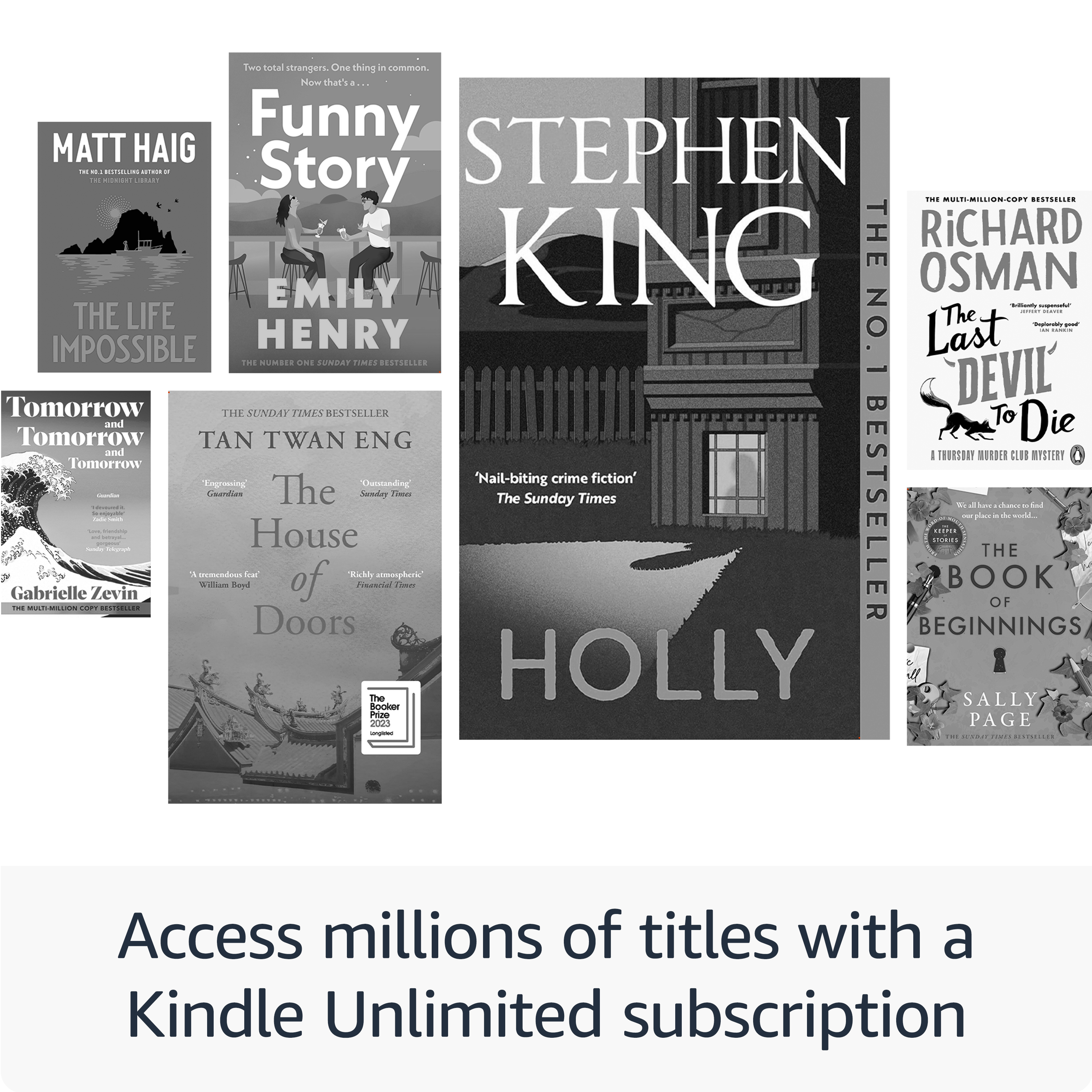 Collage di copertine di libri: Matt Haig, Emily Henry, Stephen King, Richard Osman, Gabrielle Zevin, Tan Twan Eng, Sally Page.