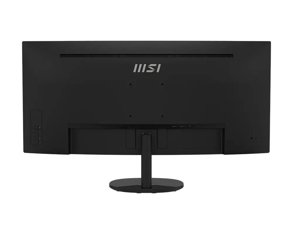 Fekete MSI monitor hátulja ezüst logóval és portokkal.