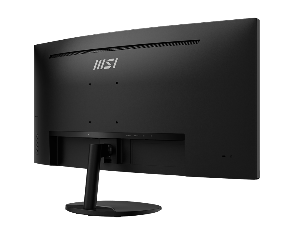 Fekete MSI monitor hátulnézete állvánnyal és portokkal.