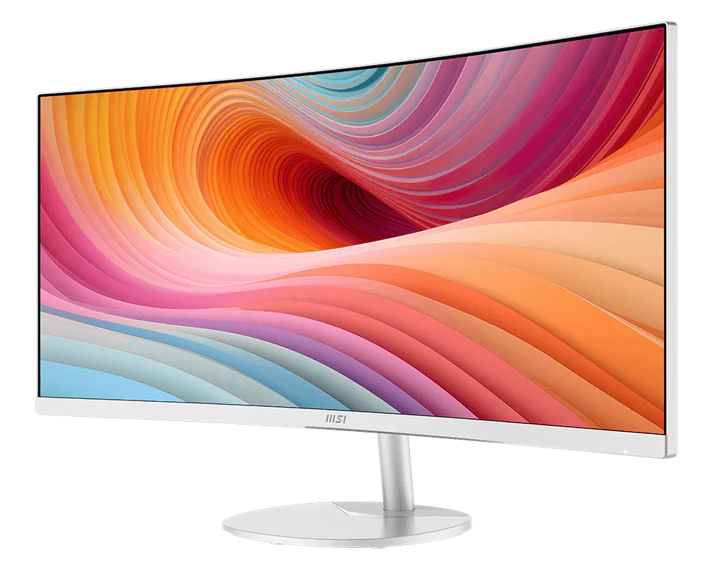 Fehér MSI ívelt monitor absztrakt, színes háttérrel. Minimalista állvány.