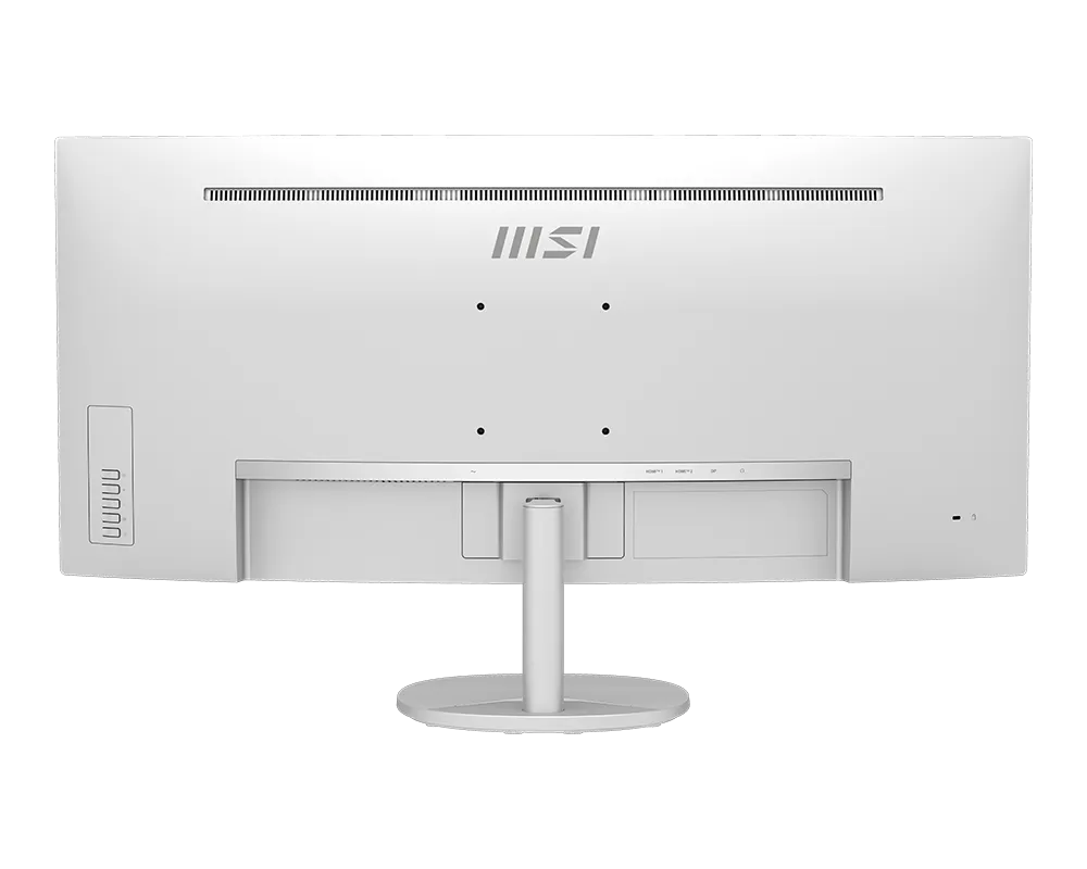 Egy fehér MSI monitor hátoldala portokkal és szellőzőnyílásokkal.