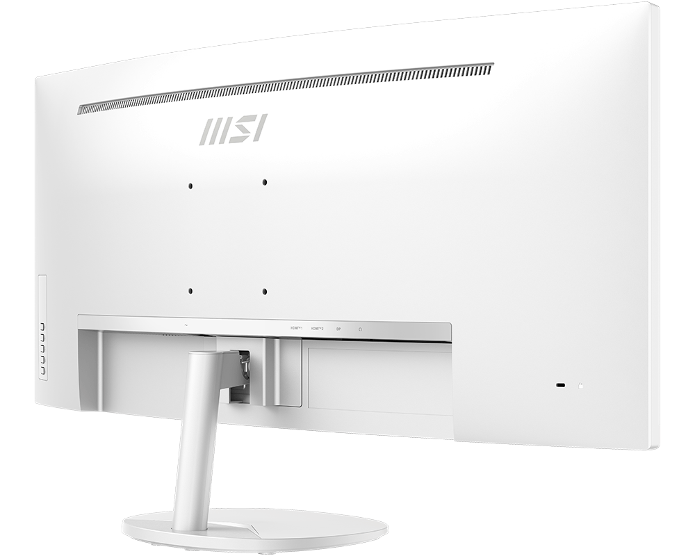 Fehér MSI monitor hátoldala csatlakozókkal és állvánnyal.