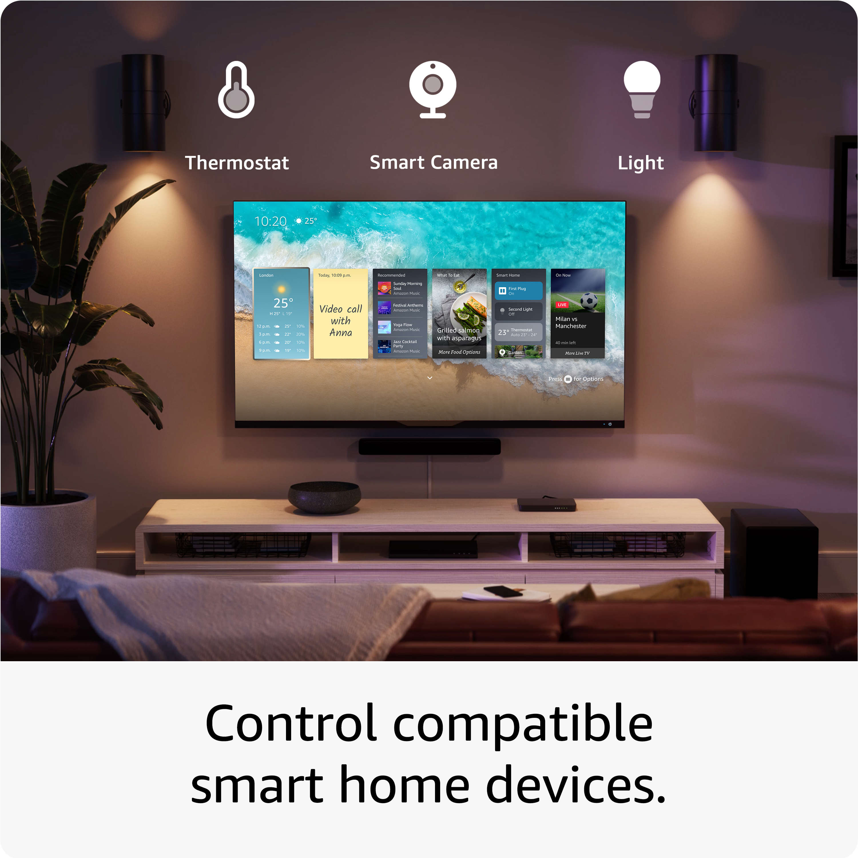 Wohnzimmer mit großem Fernseher, der Smart-Home-Apps anzeigt. Symbole für Thermostat, Kamera, Licht.