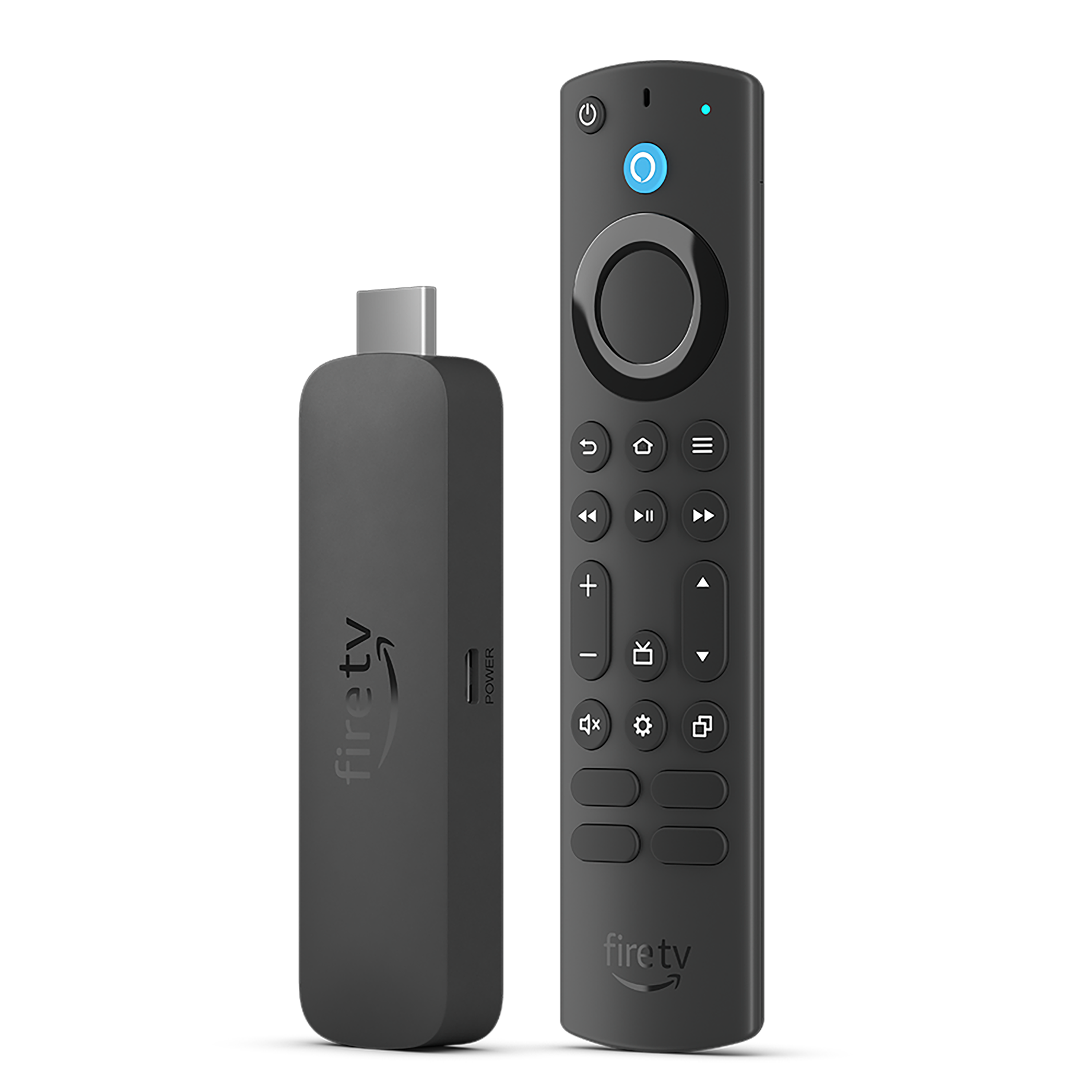 Ein schwarzer Fire TV-Stick und eine Fernbedienung mit Tasten.