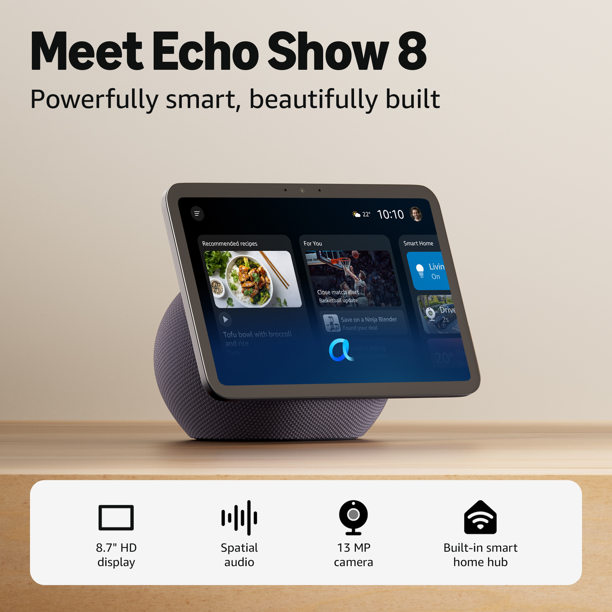 Echo Show 8 mit Touchscreen zeigt Rezepte, Sport und Smart Home-Steuerung.