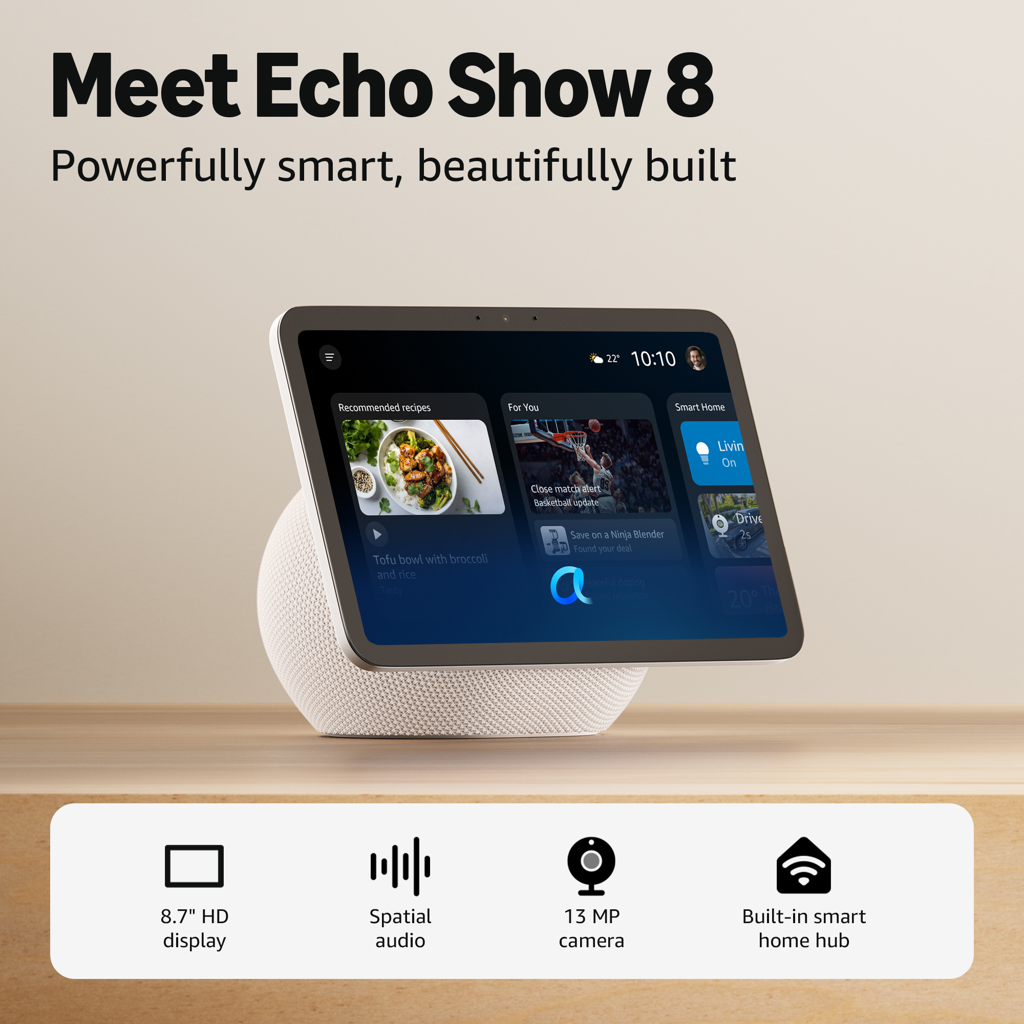 Das Echo Show 8 mit 8,7-Zoll-Display, Kamera, räumlichem Audio und Smart-Home-Hub.