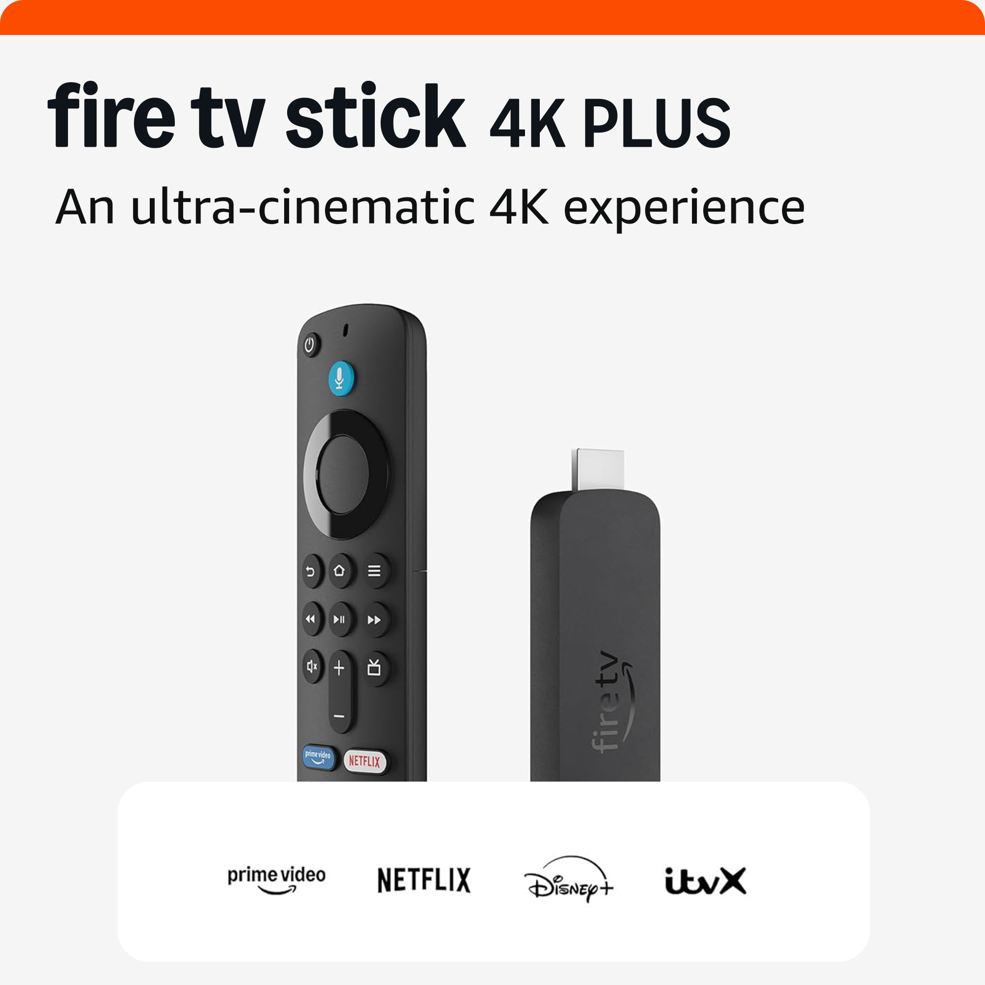 Fire TV Stick 4K PLUS avec télécommande et logo. Services de streaming en bas.