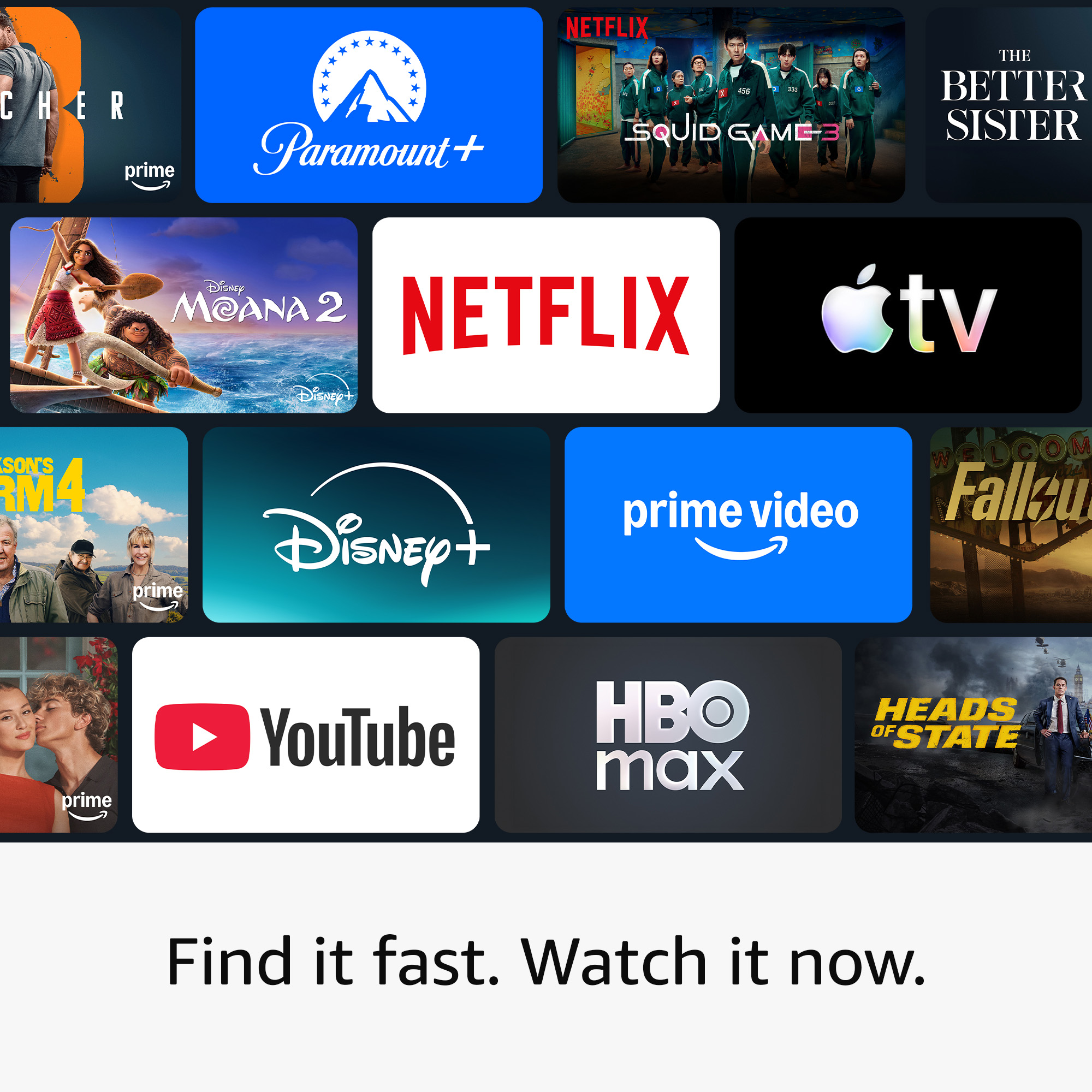 Collage de services de streaming: Paramount+, Netflix, Apple TV, Disney+, Prime Video, YouTube, HBO Max, Fallout, Squid Game.