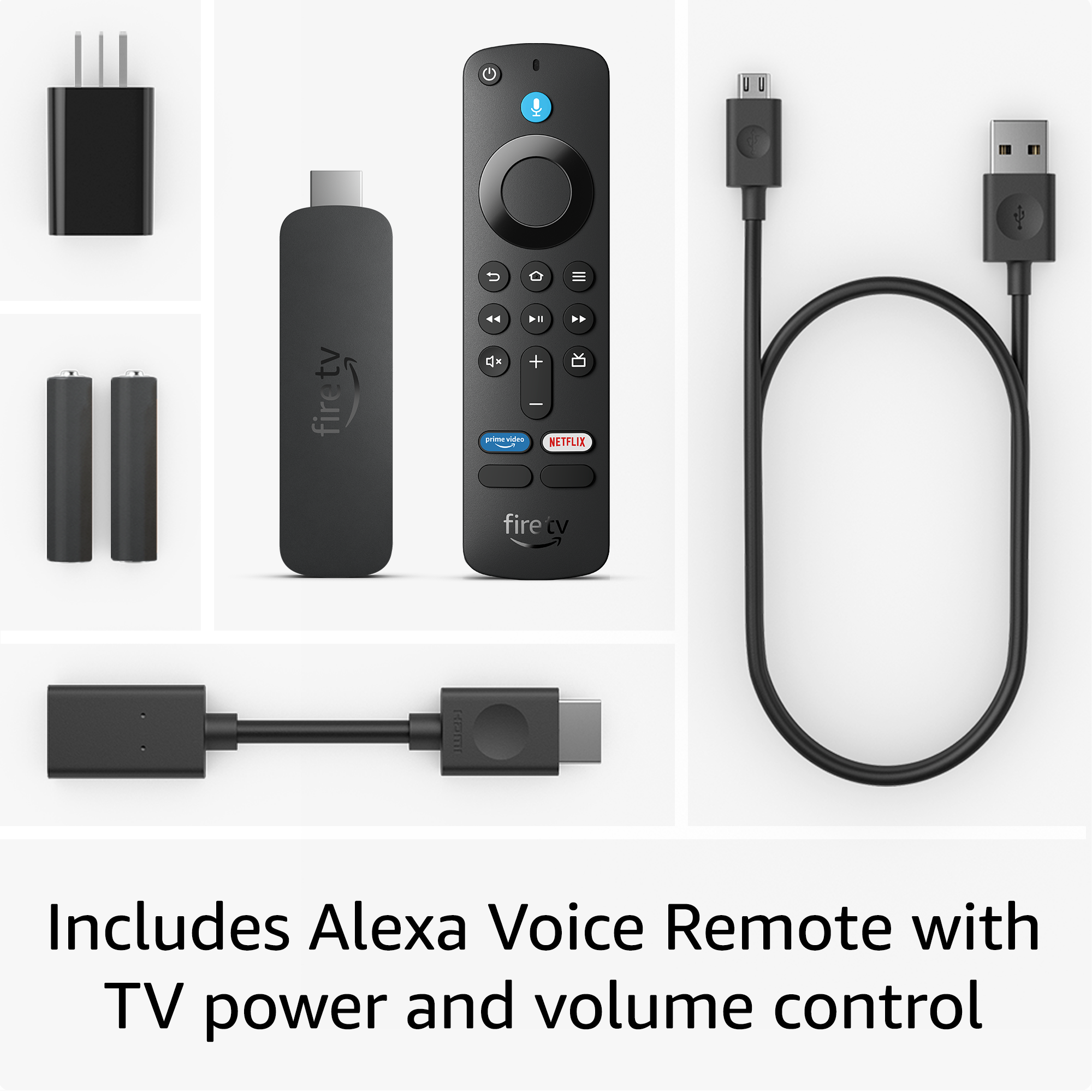 Accessoires Fire TV Stick : adaptateur secteur, stick, télécommande, câble, adaptateur HDMI.