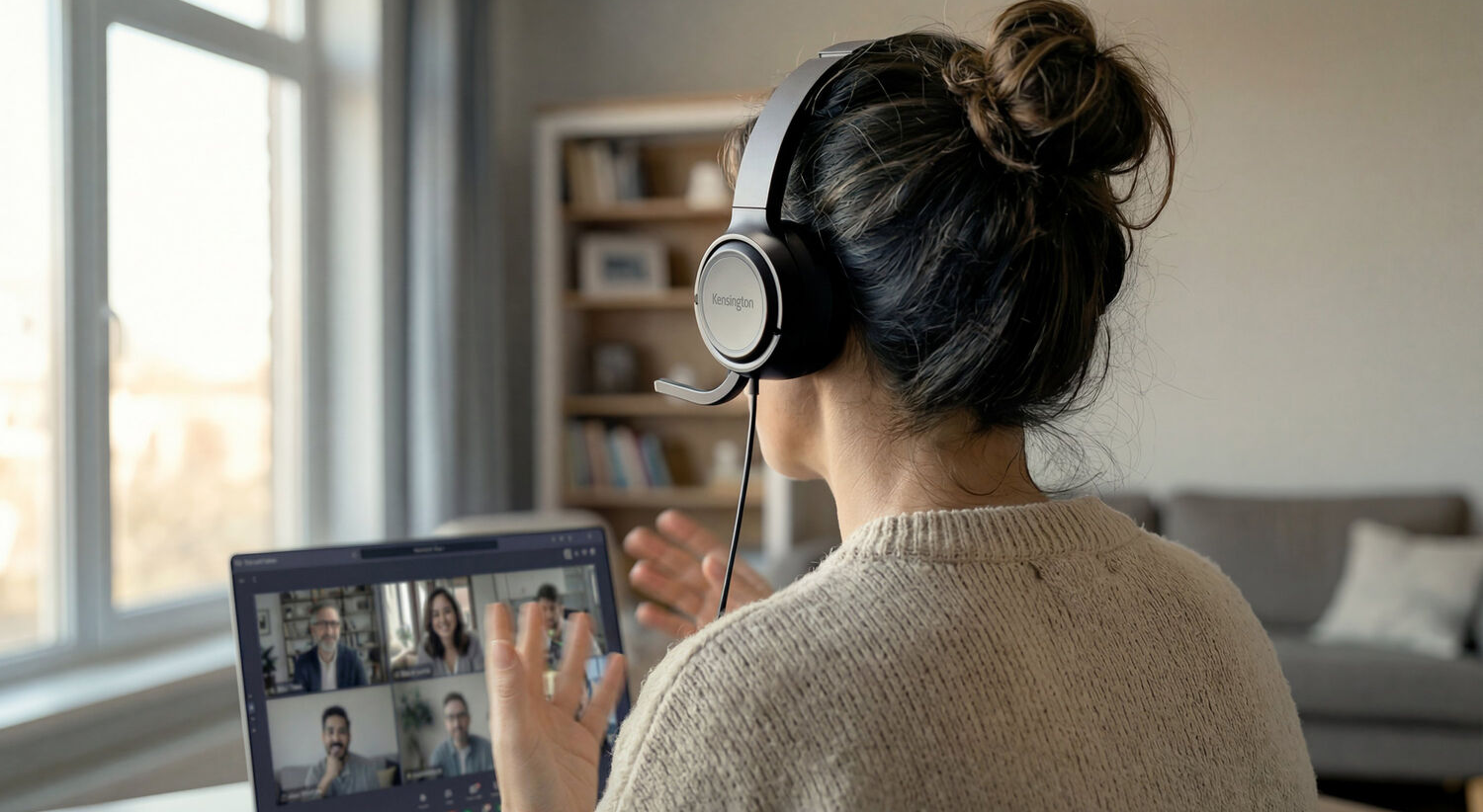Fejhallgatós nő videohívásban vesz részt. Laptopon négy ember látható.