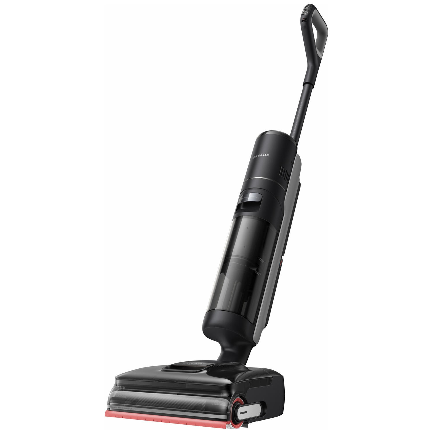 A modern black wet dry vacuum with a clear tank stands on a white background.