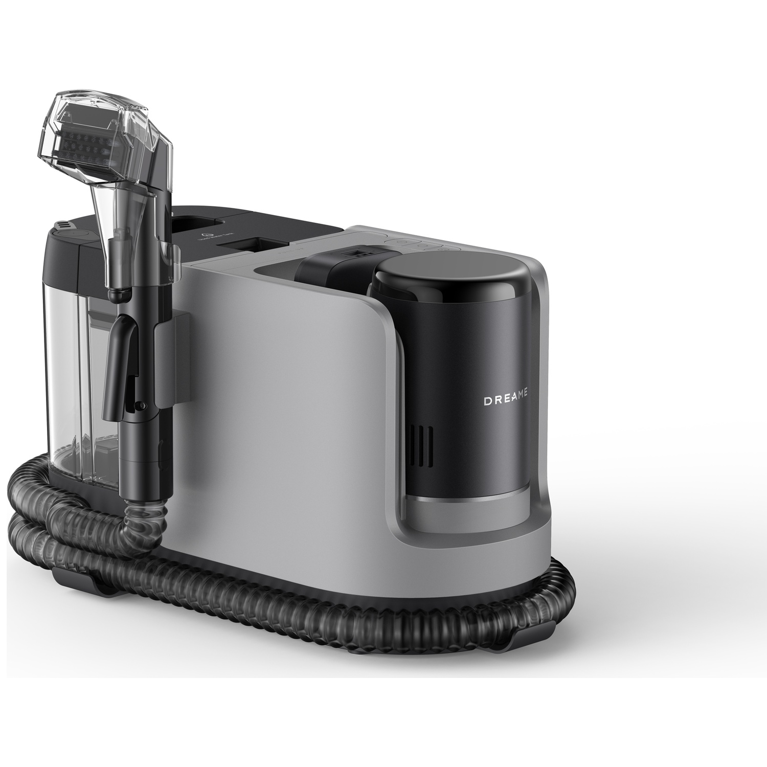A grey and black cleaning device with a hose and brush head.
