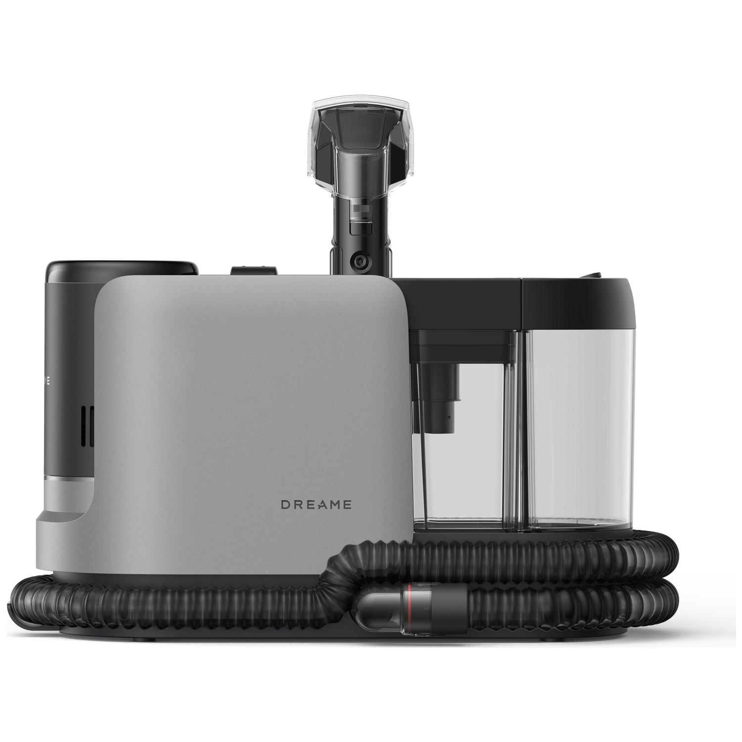 A gray and black vacuum cleaner with a hose and dustbin.