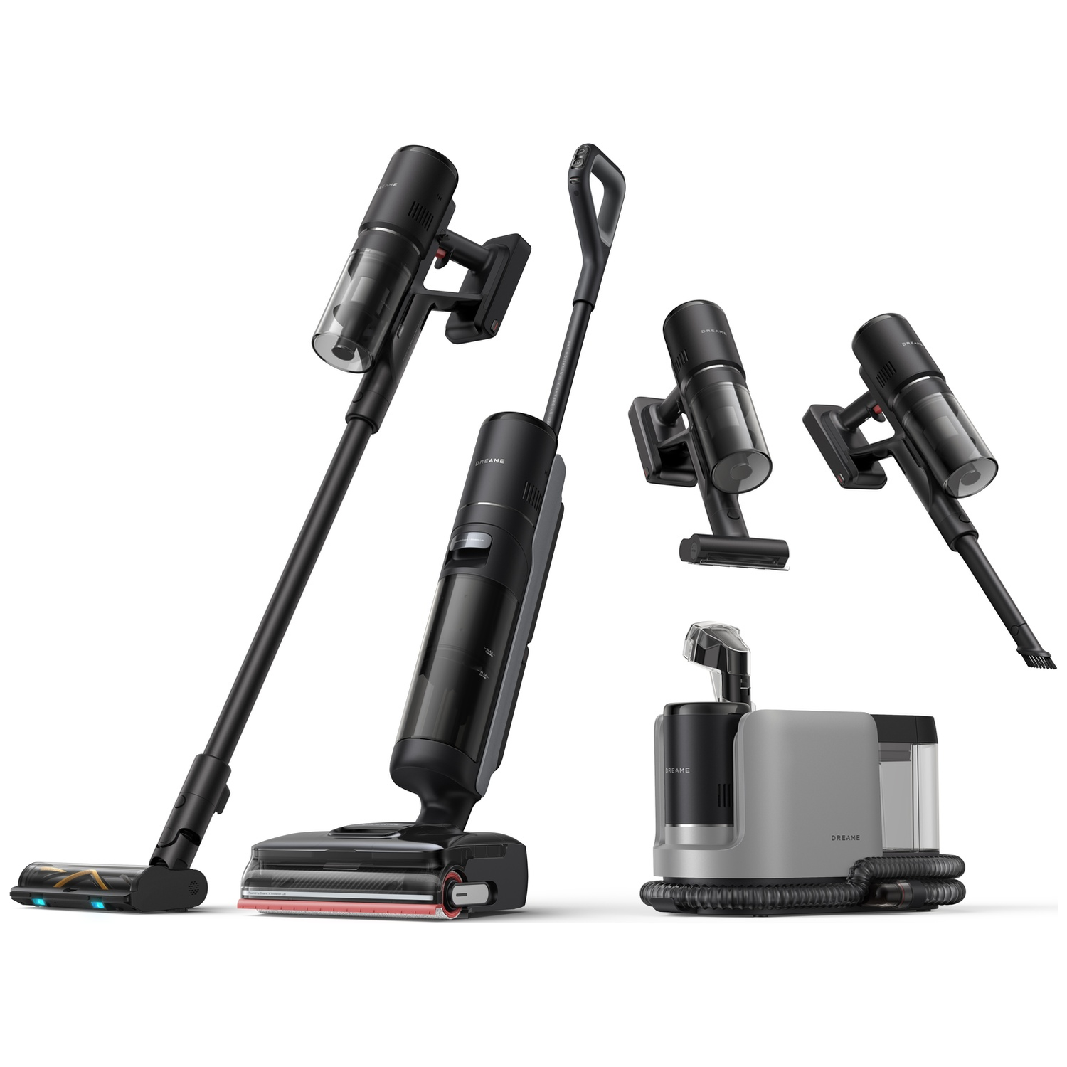 Several black and gray vacuum cleaner parts on a white background.