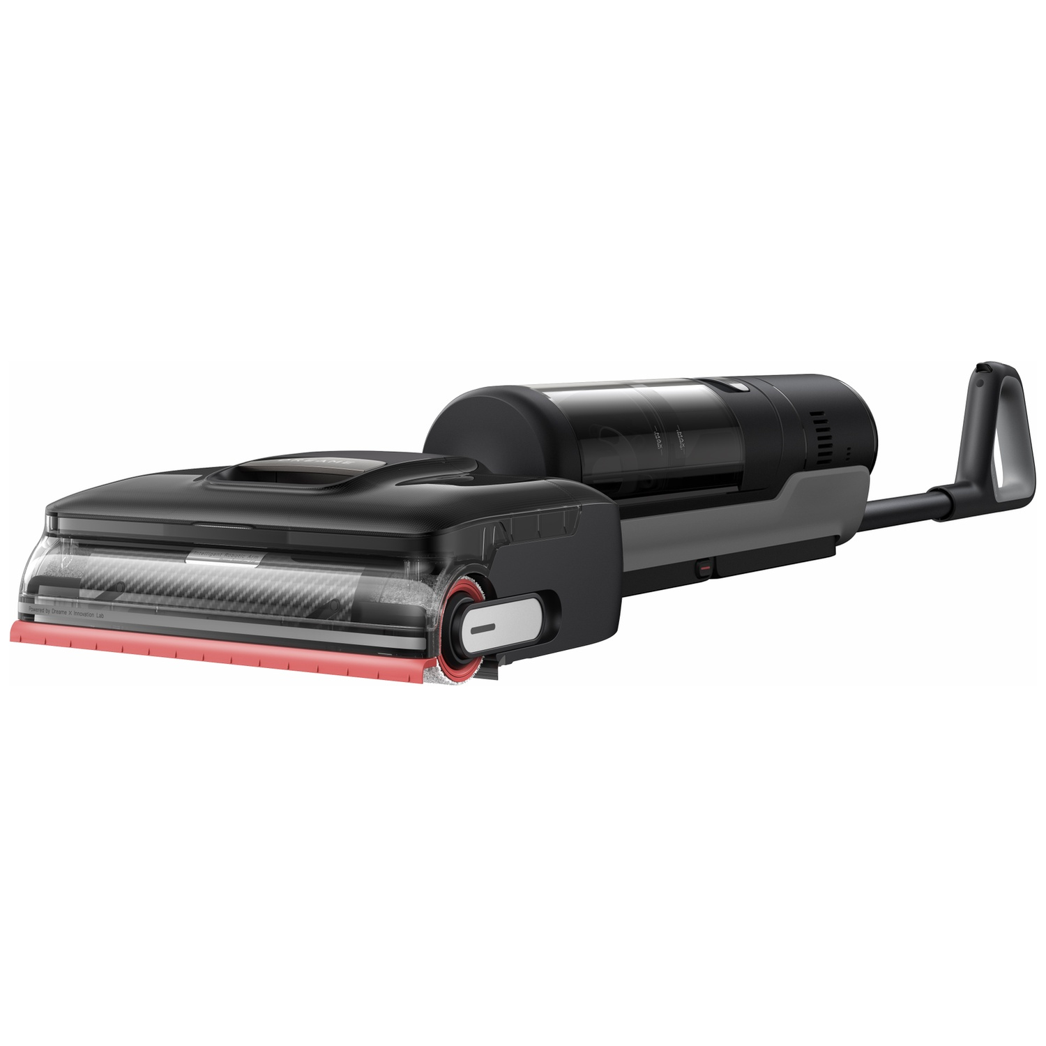 A black wet dry vacuum with a transparent tank and red brush.